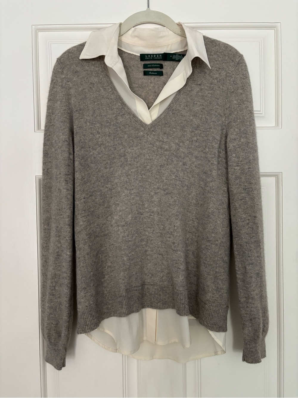 Lauren Ralph Lauren Gray V-Neck Sweater with Cream Shirt Layer